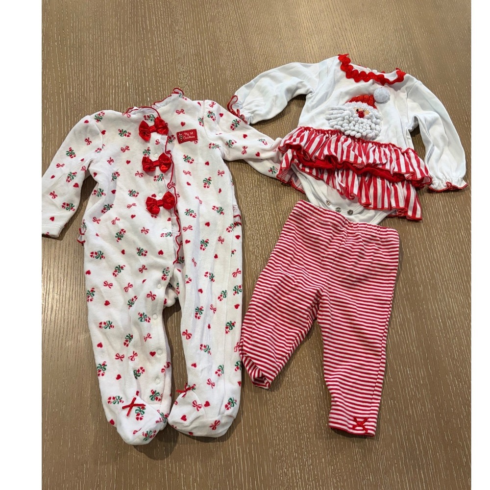 Mud Pie Little Me Baby Girls 6-9M Christmas Outfit Lot Santa Dress Pants Sleeper